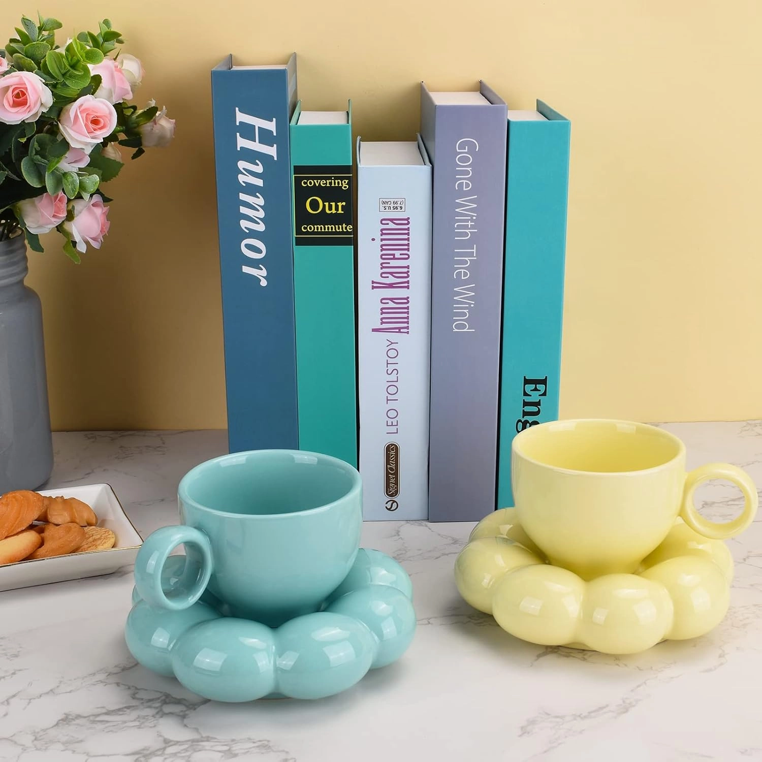 Koythin Ceramic Coffee Mug with Saucer Set, Creative Cute Cup with Sunflower Coaster for Office and Home, Dishwasher and Microwave Safe, 6.5 oz/200 ml for Tea Latte Milk (Lemon Yellow)