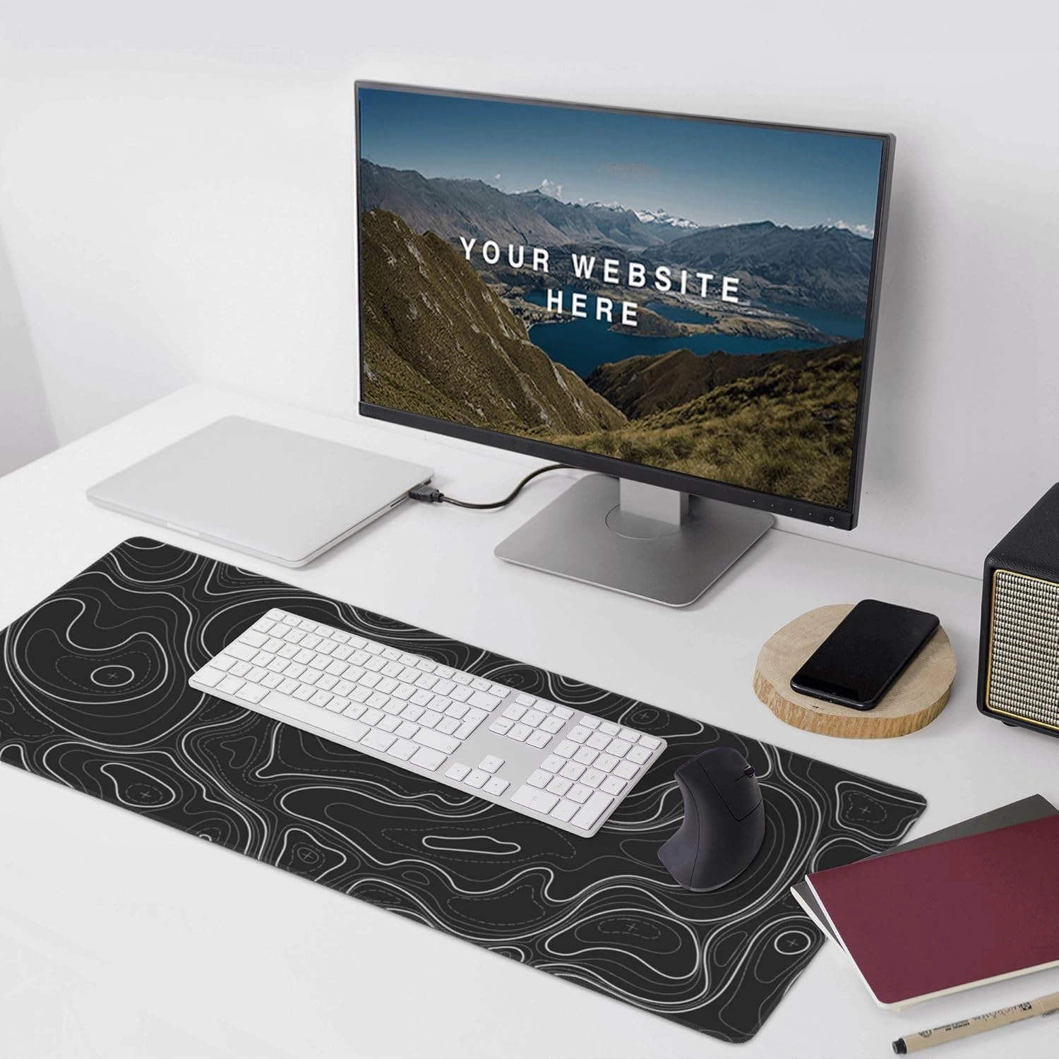 Large Gaming Mouse Pad Black Topographic Contour Mouse Pad with Stitched Edges & Nonslip Rubber Base Extended XXL Long Mousepad Big Desk Mat for Company Office Work, 35.4 x 15.7 in