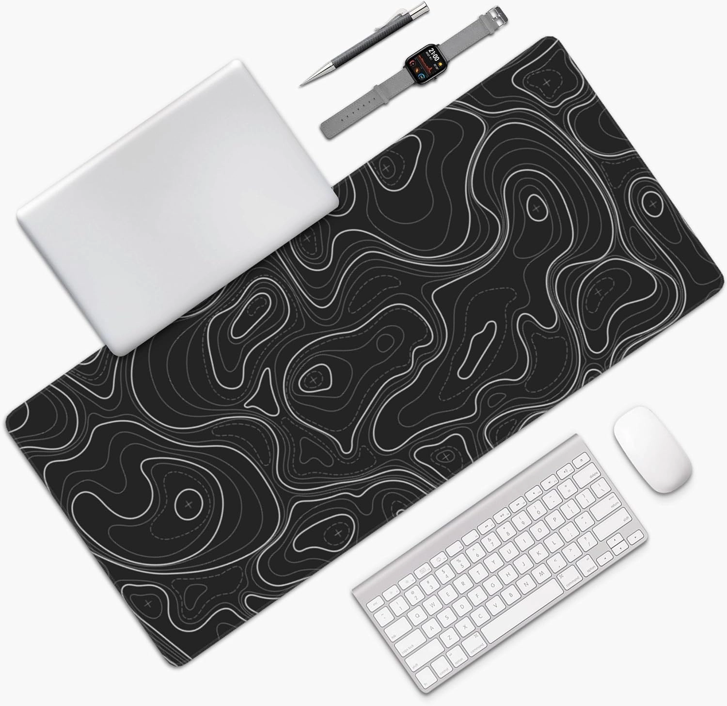 Large Gaming Mouse Pad Black Topographic Contour Mouse Pad with Stitched Edges & Nonslip Rubber Base Extended XXL Long Mousepad Big Desk Mat for Company Office Work, 35.4 x 15.7 in