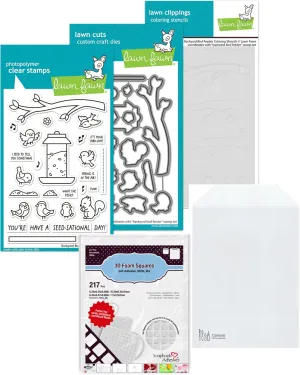 Lawn Fawn Backyard Bird Feeder 4"x6" Clear Stamps, Coordinating Dies, Coloring Stencils, Scrapbook Adhesives Foam Squares, Carnora Stamp/Die Storage Pocket