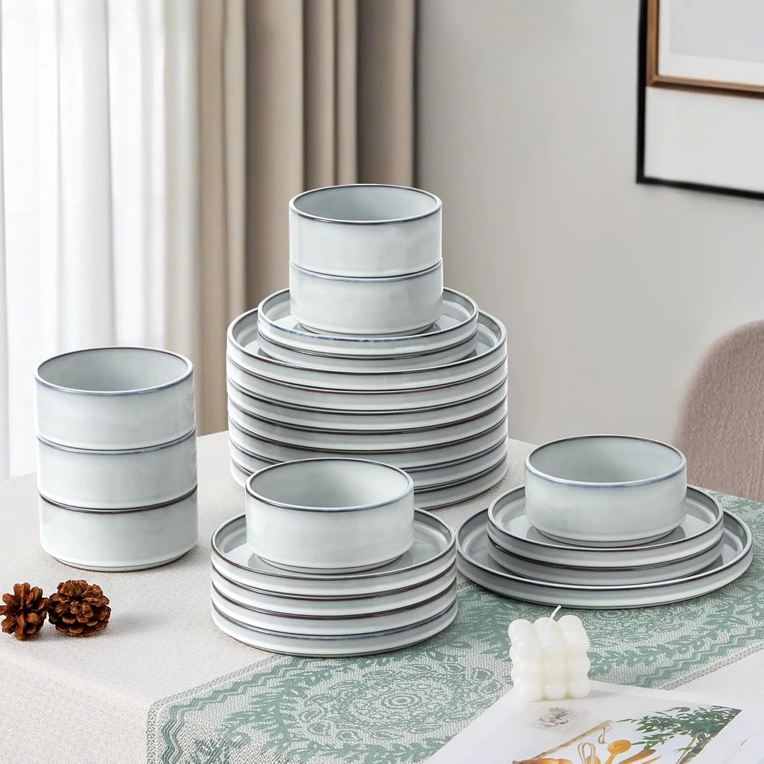LIANYU 18 Piece Dinnerware Sets for 6, Stoneware Dinner Plates and Bowls Set, Dishware Dish for Home Kitchen Dining, Rustic Terracotta Bottom, Dishwasher & Microwave Safe, Lucent White