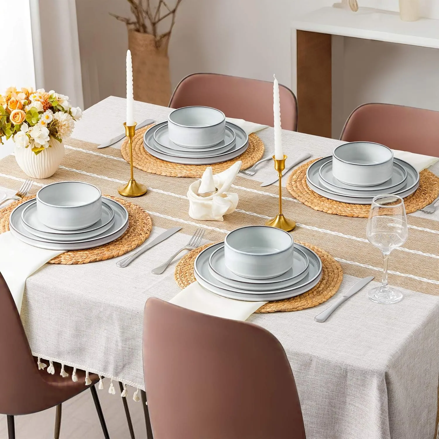 LIANYU 18 Piece Dinnerware Sets for 6, Stoneware Dinner Plates and Bowls Set, Dishware Dish for Home Kitchen Dining, Rustic Terracotta Bottom, Dishwasher & Microwave Safe, Lucent White
