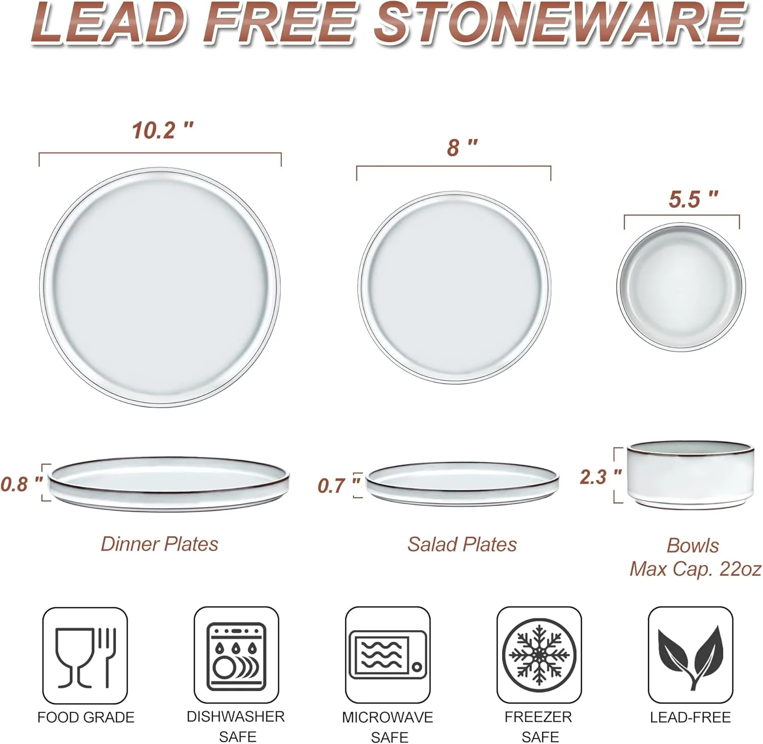 LIANYU 18 Piece Dinnerware Sets for 6, Stoneware Dinner Plates and Bowls Set, Dishware Dish for Home Kitchen Dining, Rustic Terracotta Bottom, Dishwasher & Microwave Safe, Lucent White