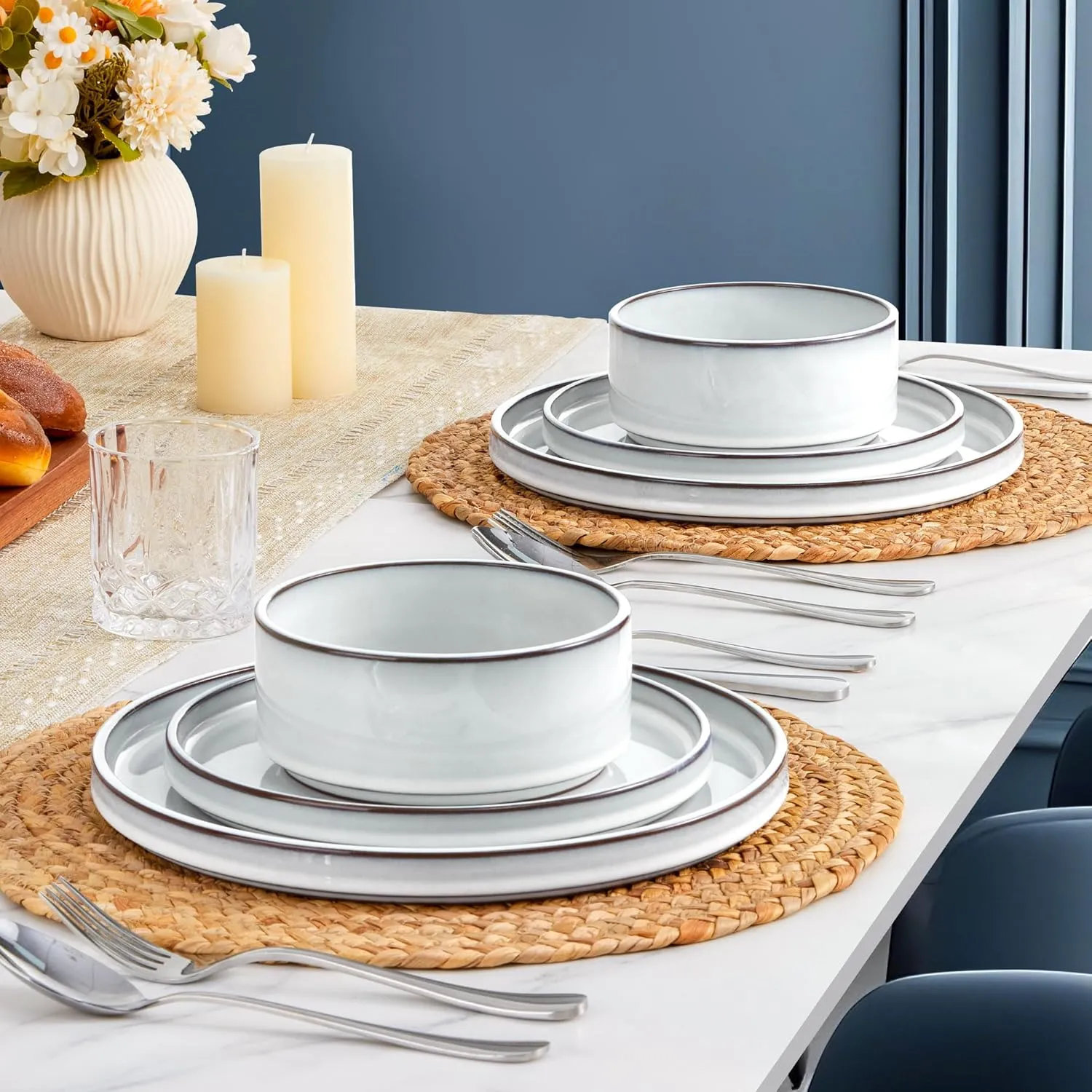 LIANYU 18 Piece Dinnerware Sets for 6, Stoneware Dinner Plates and Bowls Set, Dishware Dish for Home Kitchen Dining, Rustic Terracotta Bottom, Dishwasher & Microwave Safe, Lucent White