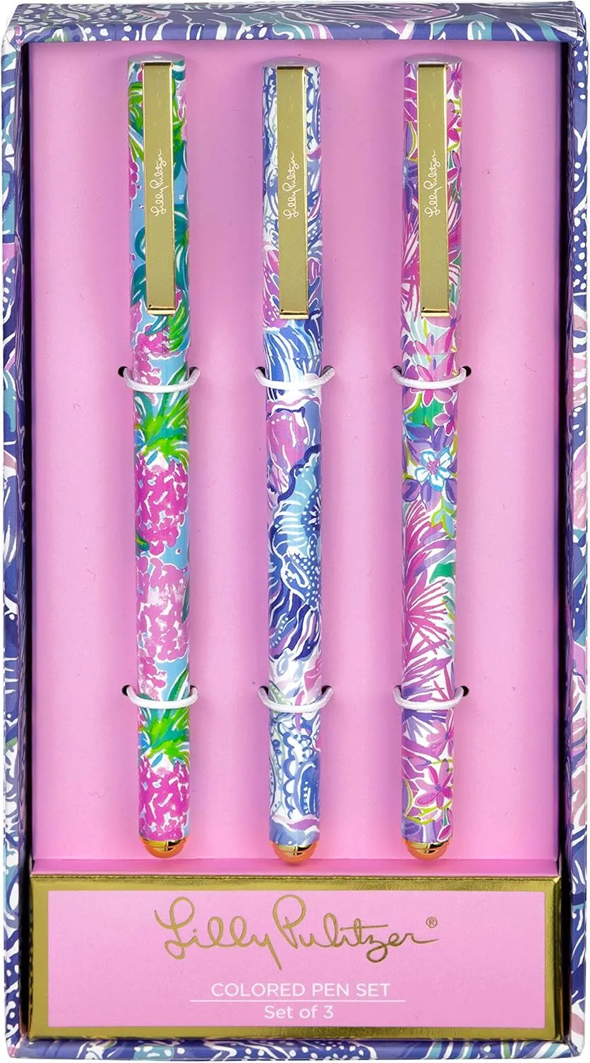 Lilly Pulitzer Colored Pen Set of 3, Includes Pink/Blue/Green Ink, Shade Seekers (Assorted)
