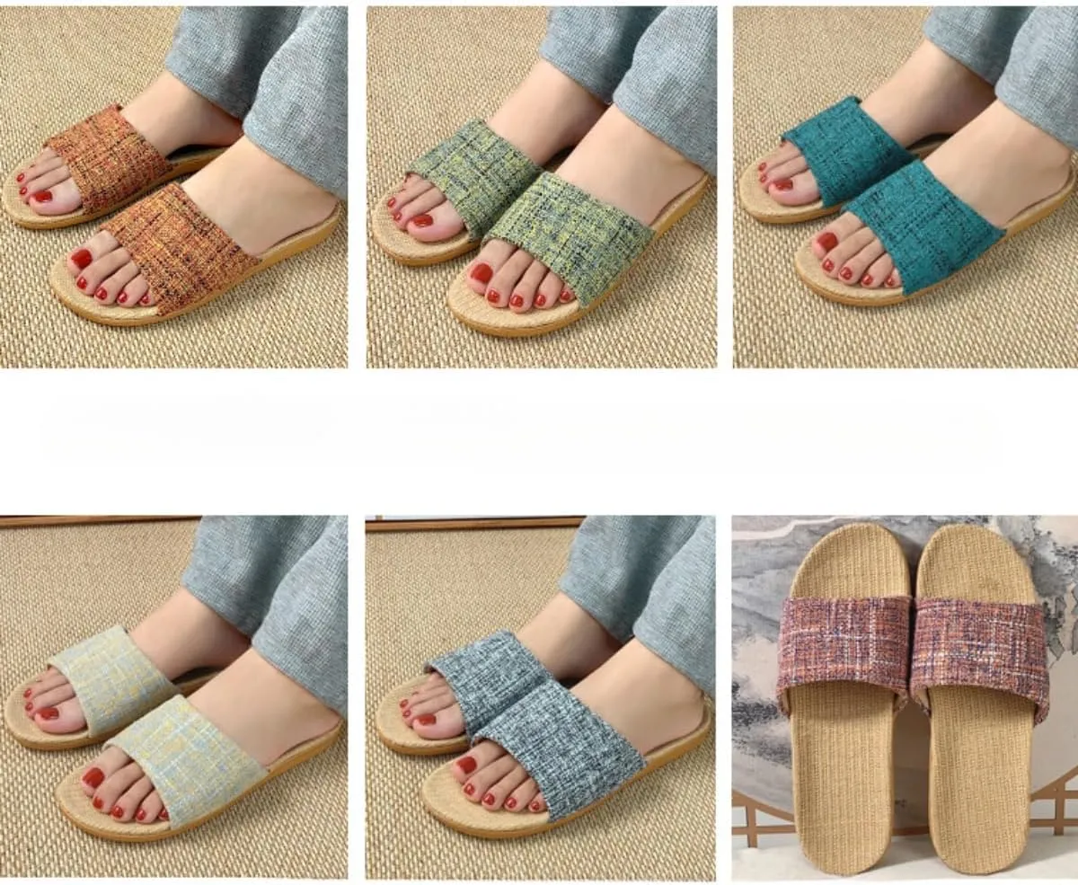Linen Slippers for Women Men Summer Home Slippers Indoor Soft Sole Anti-Slip and Wear-Resistant Couple Slippers Open Toe Breathable House Shoes