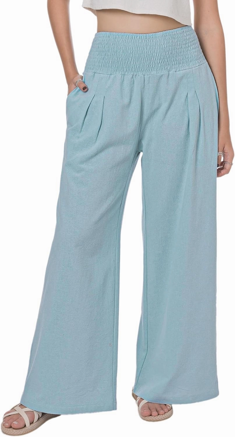 LOFBAZ Women Summer Flowy Cotton Linen Palazzo Wide Leg Pants Beach High Waisted Trousers Boho Long Lounge Pant with Pockets