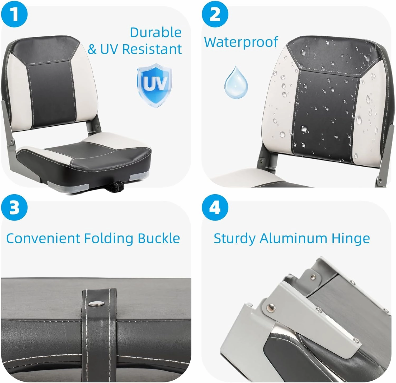 Low Back Padded Boat Seats, Folding Boat Seats, Waterproof Captain Boat Seat, 2 Packs (Gray & White)