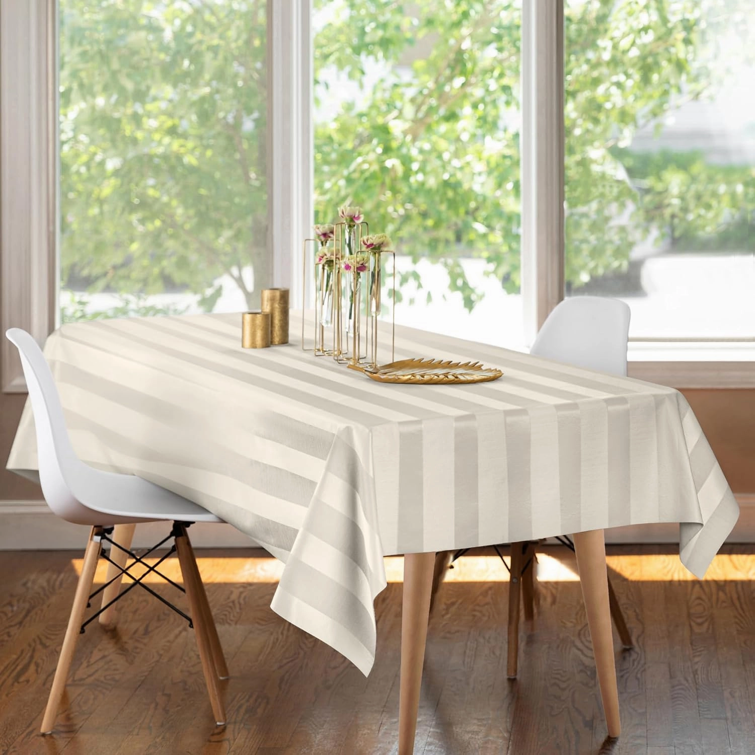 Luxury Table Protector Pad, 2 in 1 Table pad   Great Looking Tablecloth - Heat Resistant, Spill & Stain Proof - Flannel Backing (Ivory - Silk Stripe, 54x72)