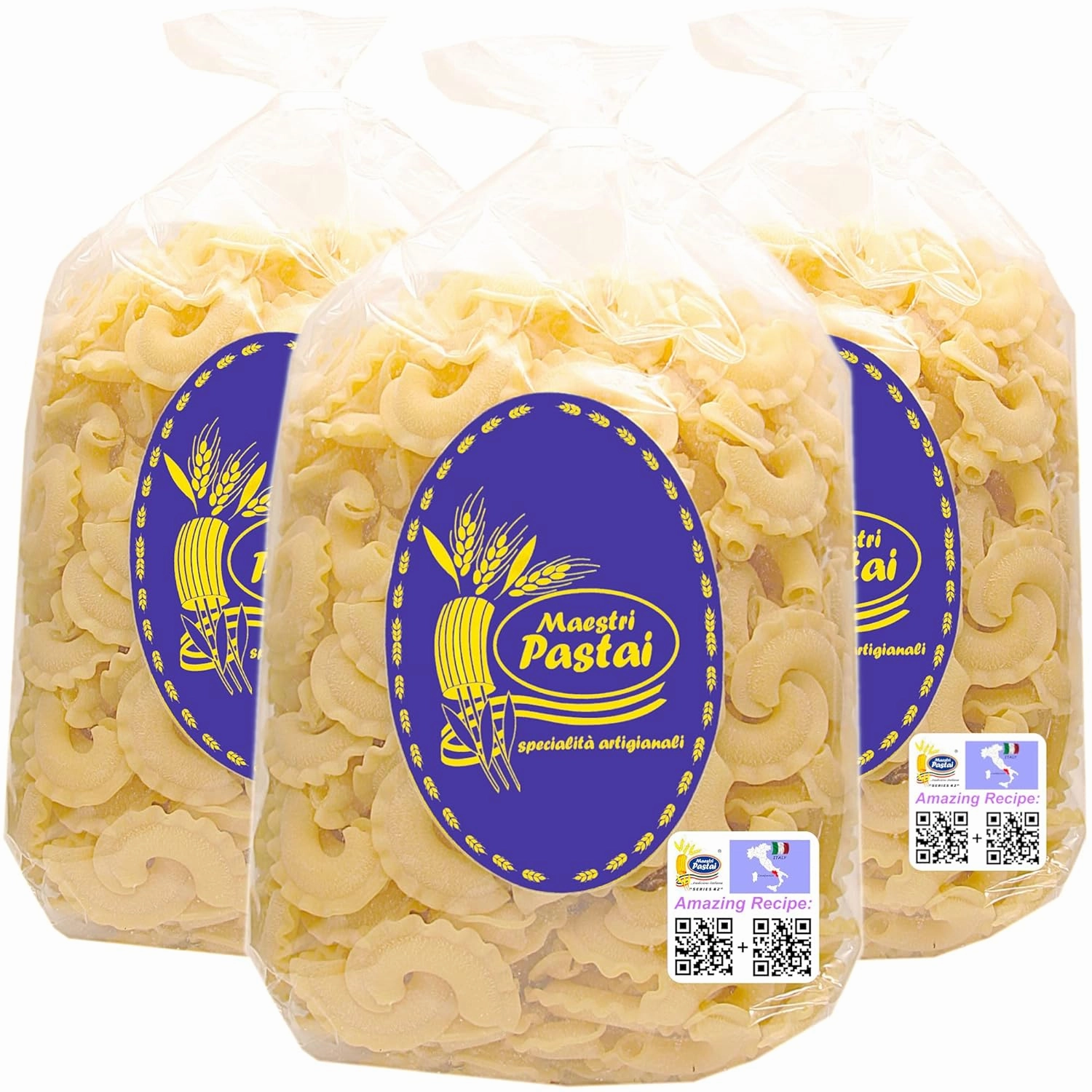 Maestri Pastai, Gourmet Creste Di Gallo "Rooster Crest" Italian Pasta (Special "Series 42"), Premium Quality "Italian Elbow Macaroni" from Mercato San Severino, Italy, 17.66 oz (1.1 lbs) (Pack of 3)