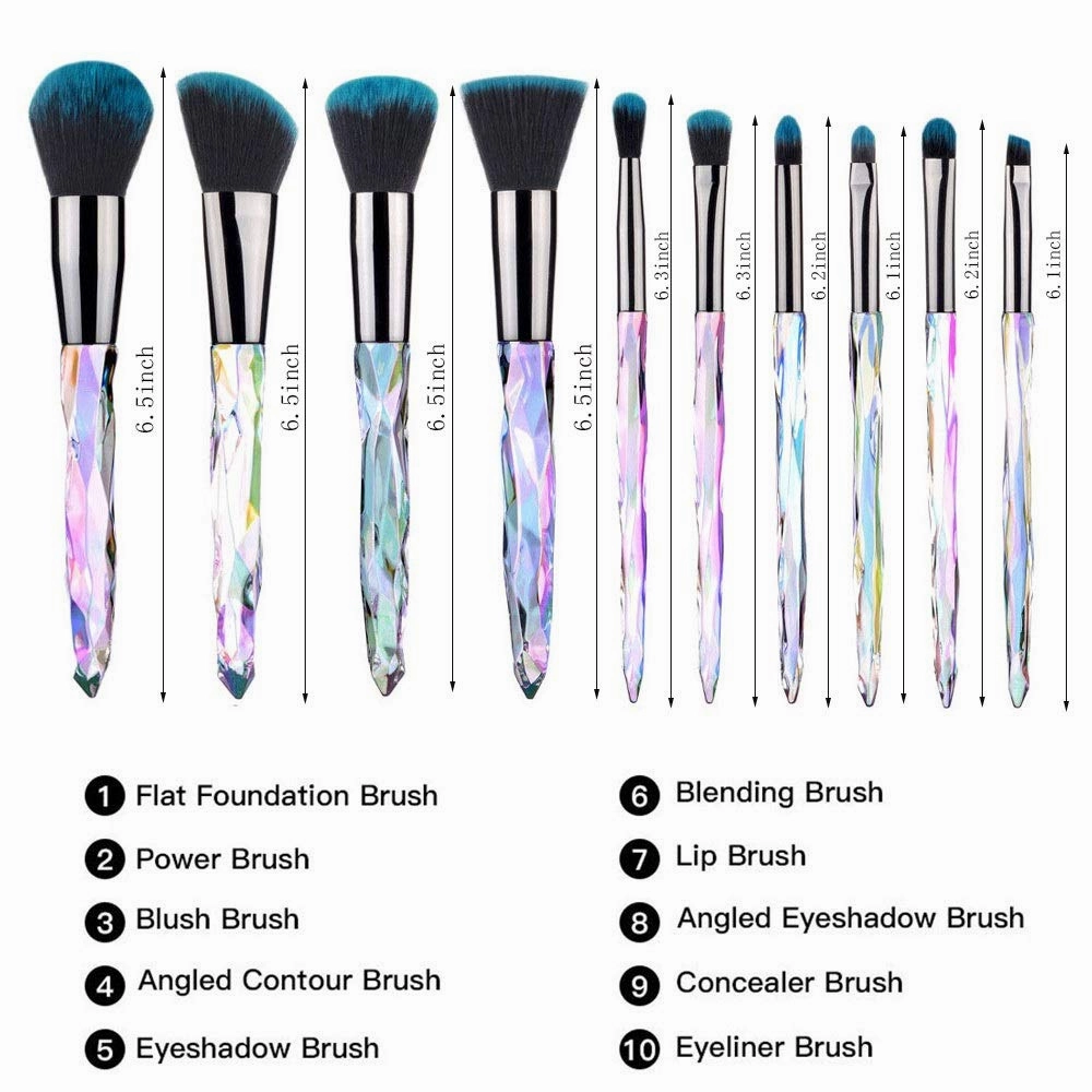 Makeup Brush Set, 10 Piece Makeup Brush Crystal Handle, Advanced Rainbow Color Makeup Brush Set Foundation Mix Eyeshadow Blush Concealer Transparent Handle (Color : Multi-colored3)