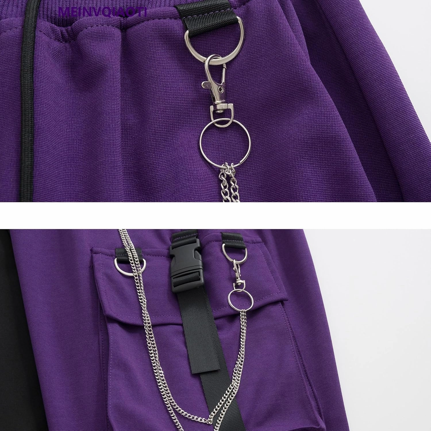 MEINVQIAOTI Black Cargo Pants for Women Techwear Women Loose Street Rock Style Casual Black Pants with Chain Goth Pants