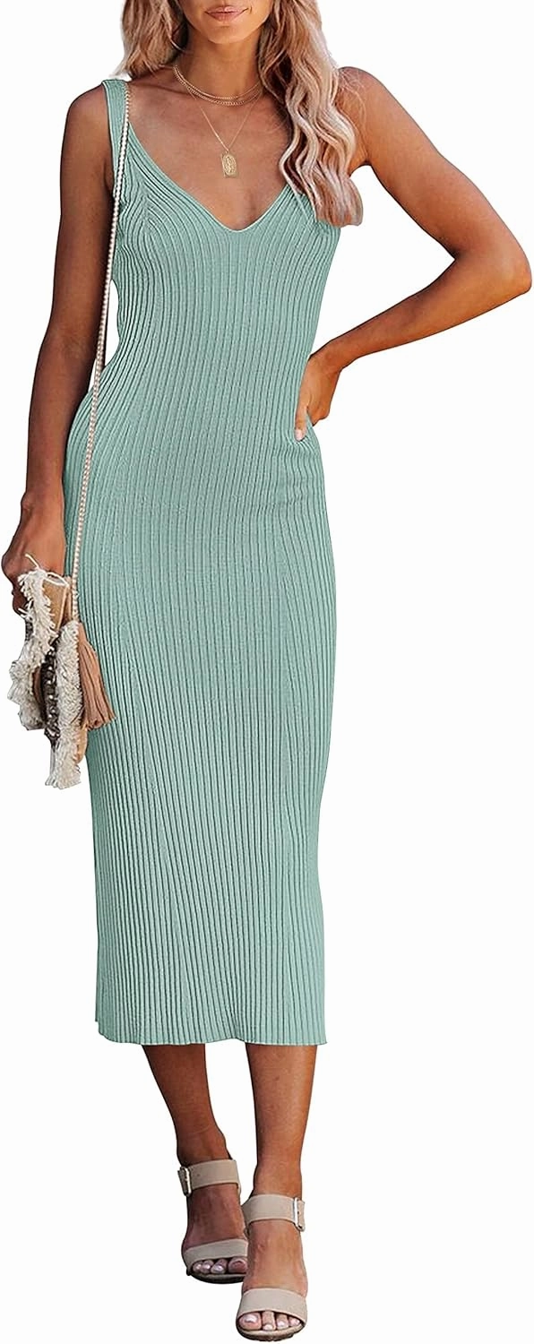 MEROKEETY Womens 2025 Summer Spring V Neck Knit Midi Dress Bodycon Casual Sleeveless Ribbed Sweater Dresses