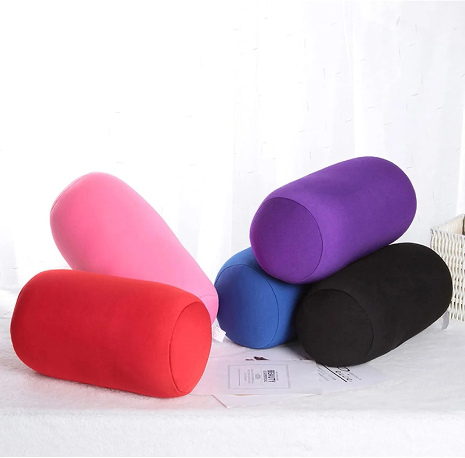 Microbead Roll Neck Pillows Comfy Bean Bag Pillow Mooshi Foam Bolster Tube Cushion Back Head Lumbar Support Sleeping Throw Pillows for Travel Airplane Car Sofa Bed (Purple, 12.6''X6.3'')
