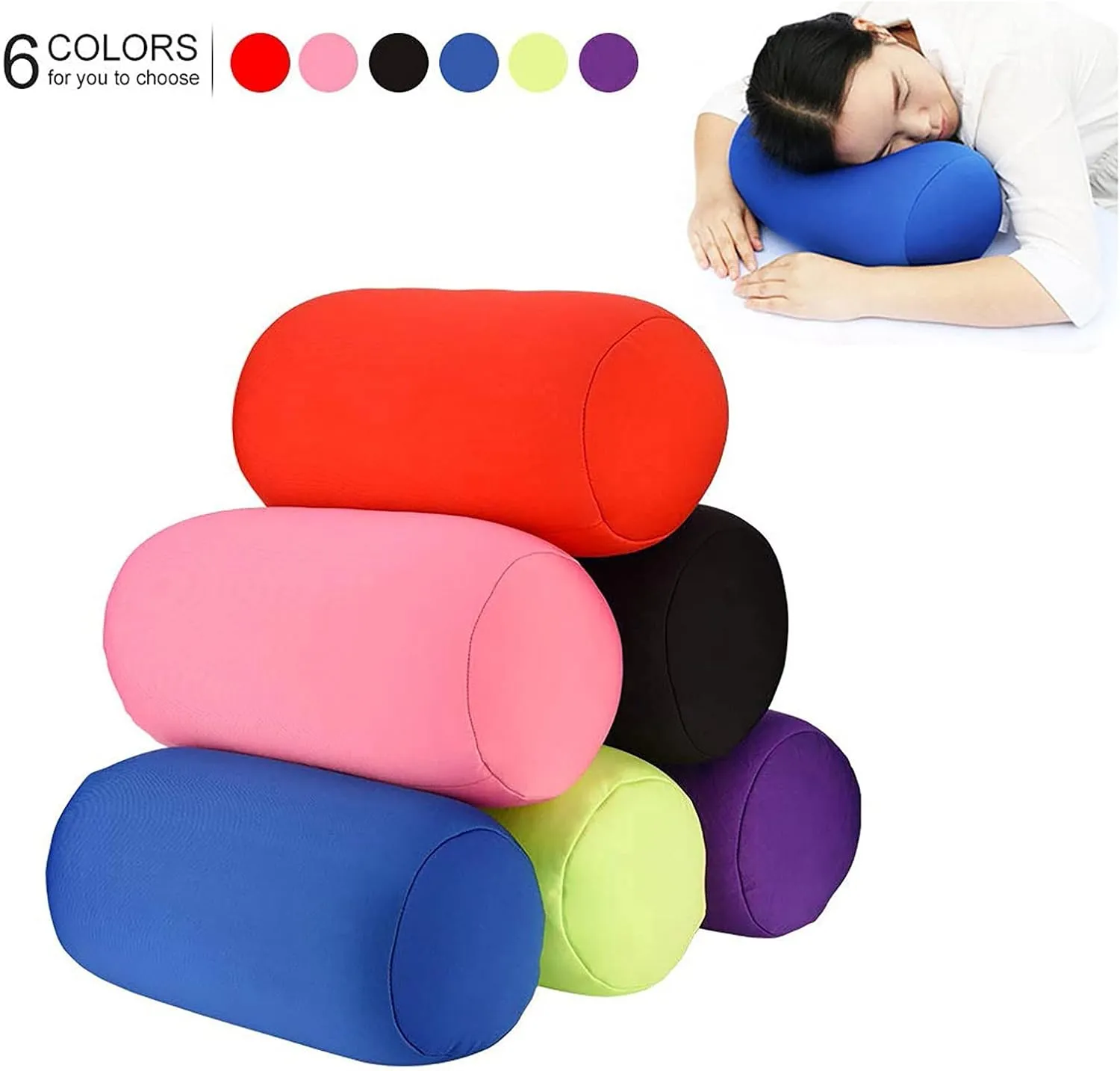 Microbead Roll Neck Pillows Comfy Bean Bag Pillow Mooshi Foam Bolster Tube Cushion Back Head Lumbar Support Sleeping Throw Pillows for Travel Airplane Car Sofa Bed (Purple, 12.6''X6.3'')