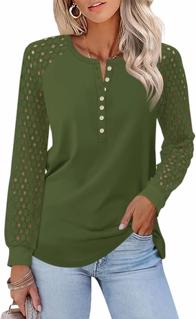 Minetom Women's Lace Long Sleeve Tops Henley Shirts Casual Blouses T Shirts Fall Clothes