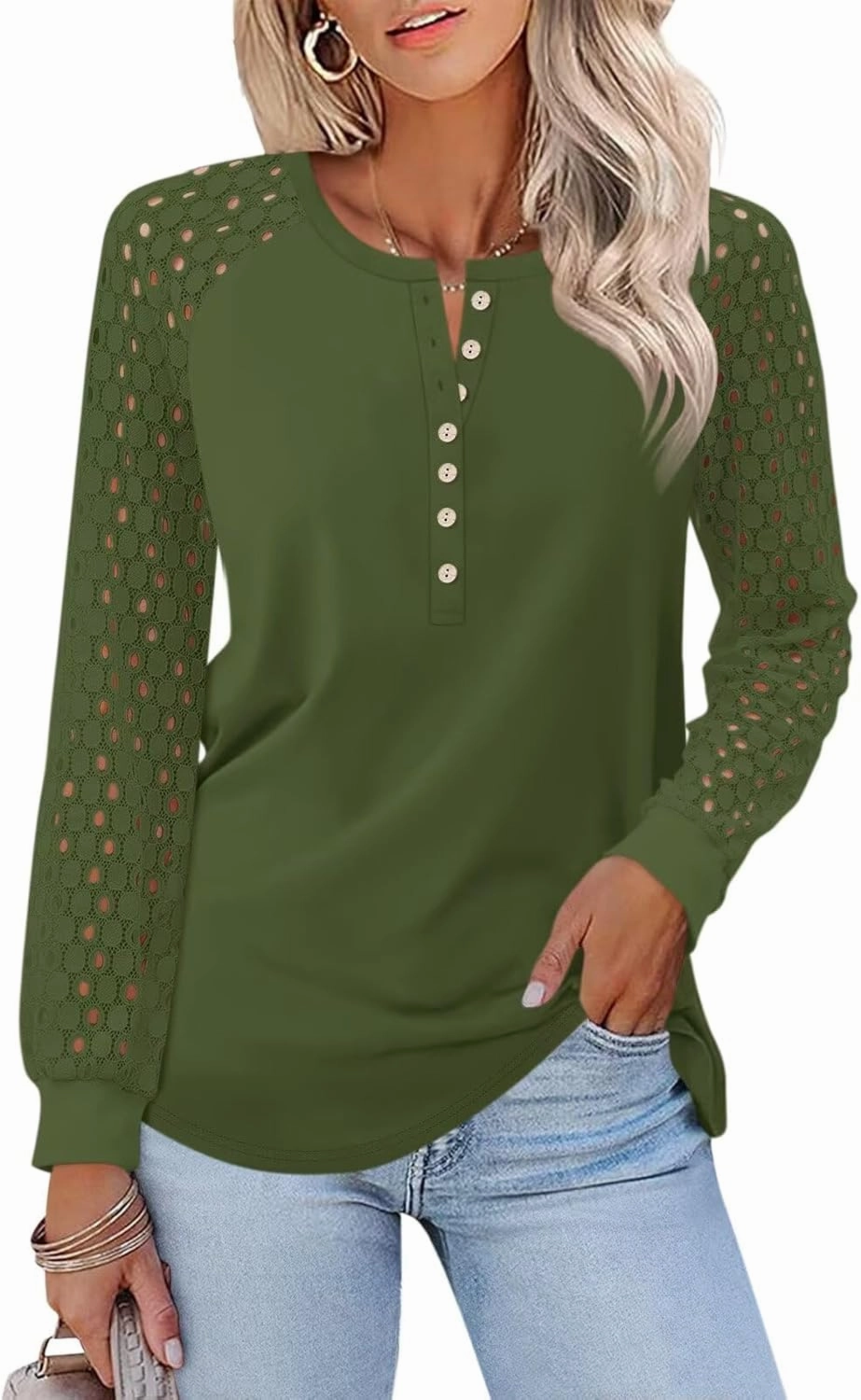 Minetom Women's Lace Long Sleeve Tops Henley Shirts Casual Blouses T Shirts Fall Clothes