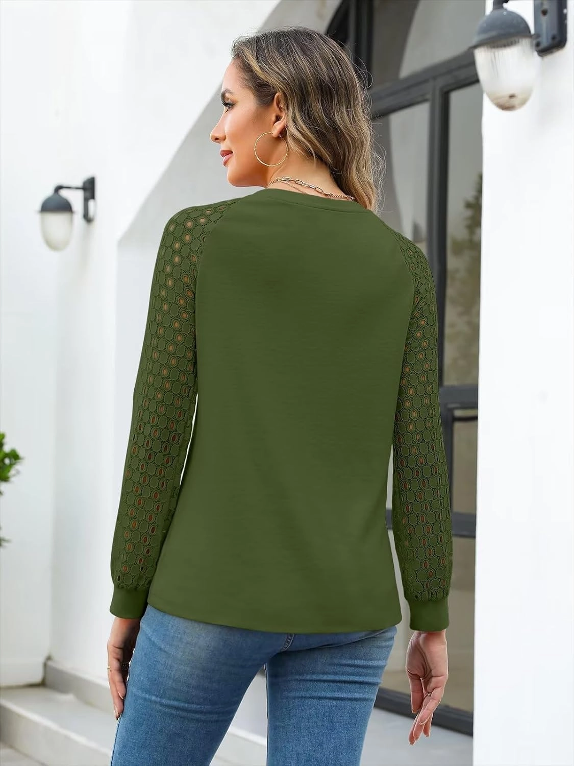 Minetom Women's Lace Long Sleeve Tops Henley Shirts Casual Blouses T Shirts Fall Clothes