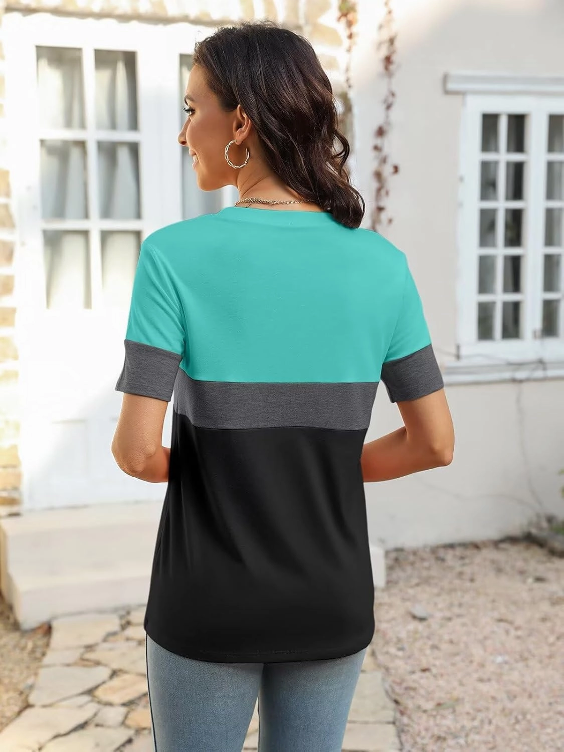 Minetom Women’s T Shirts Color Block Short Sleeve Tops Casual Summer Tees