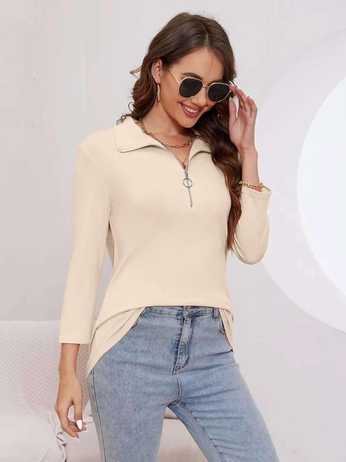 Minetom Women's V Neck 3/4 Sleeve Tops Quarter Zip Collared Shirts Polo Shirts Summer Tees