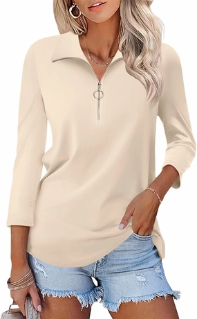 Minetom Women's V Neck 3/4 Sleeve Tops Quarter Zip Collared Shirts Polo Shirts Summer Tees