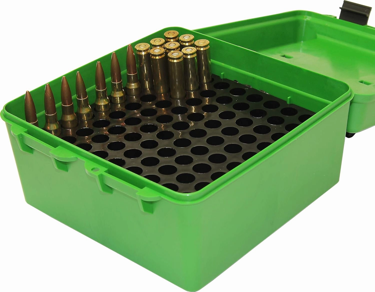 MTM R-100-10 Deluxe Ammo Box 100 Round | Fits 22-250 243 270 308 Win 30-06 | Includes Adjustable Inner Trays | Made of Polypropylene | USA Made | Green