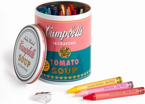 Mudpuppy Andy Warhol Inspired Extra Thick Crayons and Sharpener Set in Soup Can Shaped Tin, Pink,Yellow