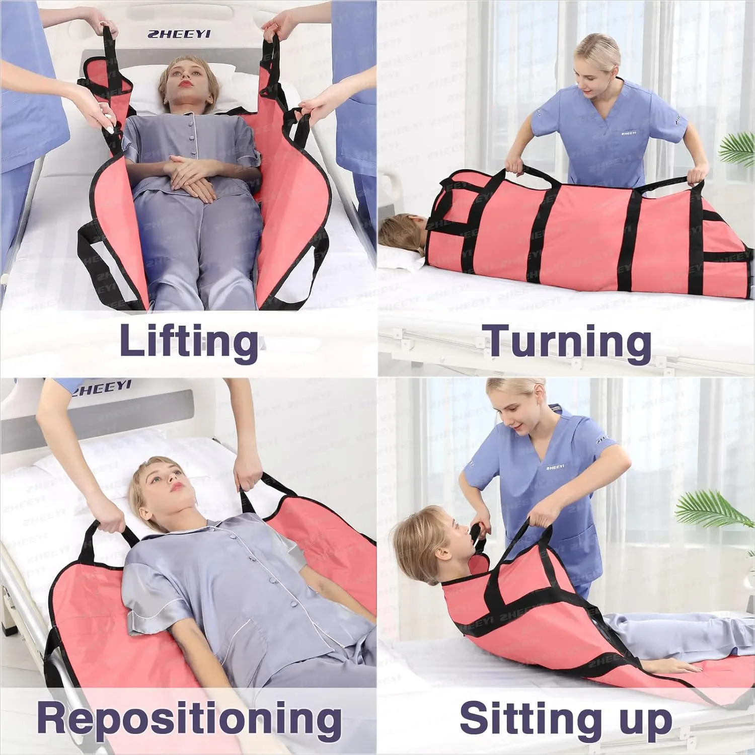Multipurpose 43" x 36" Positioning Bed Pad with Reinforced Handles - Reusable & Washable Transfer Sheet for Turning, Lifting & Repositioning - Double-Sided Nylon Fabric, Pink