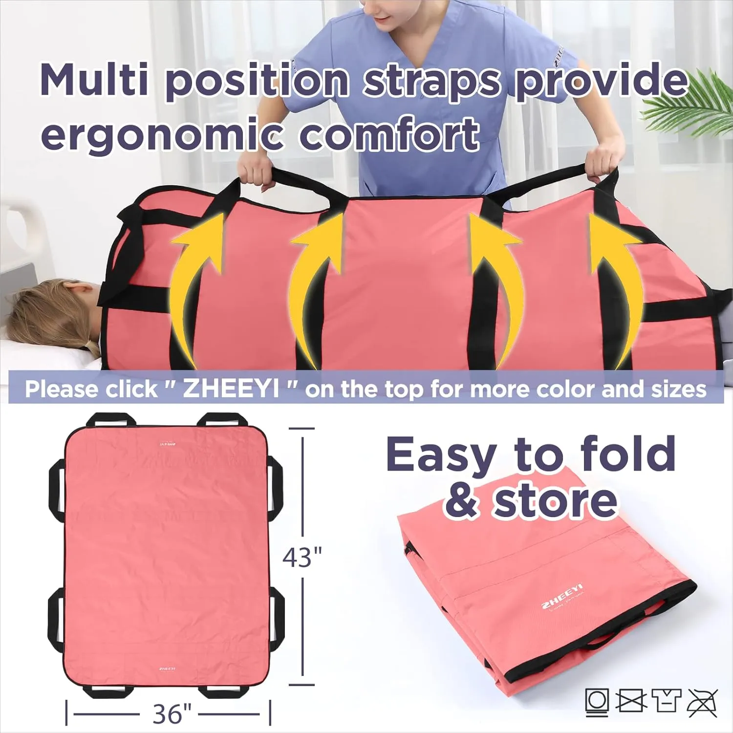 Multipurpose 43" x 36" Positioning Bed Pad with Reinforced Handles - Reusable & Washable Transfer Sheet for Turning, Lifting & Repositioning - Double-Sided Nylon Fabric, Pink
