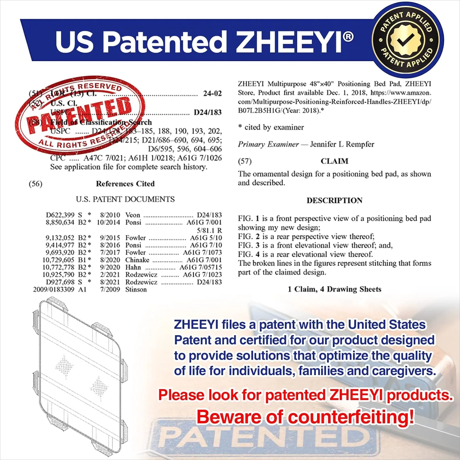 Multipurpose 43" x 36" Positioning Bed Pad with Reinforced Handles - Reusable & Washable Transfer Sheet for Turning, Lifting & Repositioning - Double-Sided Nylon Fabric, Pink