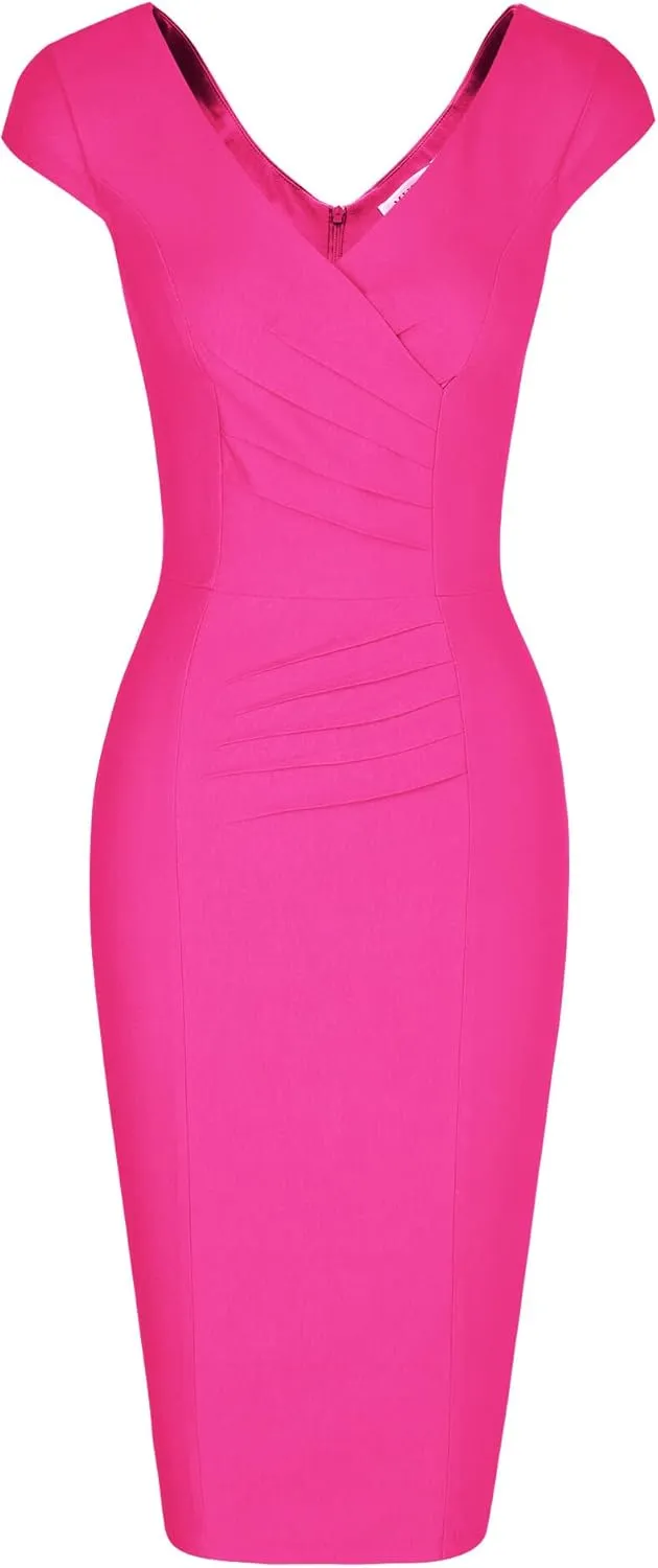 MUXXN Women's 1950's Vintage V Neck Ruched Sheath Formal Pencil Dress
