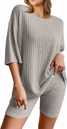 NORACORA Pajamas 2 Piece Lounge Sets Ribbed Knit for Women Matching T-shirt Shorts Outfits Sleepwear