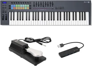 Novation FLkey 61-Key MIDI Keyboard Controller - Professional Music Production with Velocity-Sensitive Keys and DAW Integration, Compact and Portable Bundle with Sustain Pedal and 4-Port USB (3 Items)