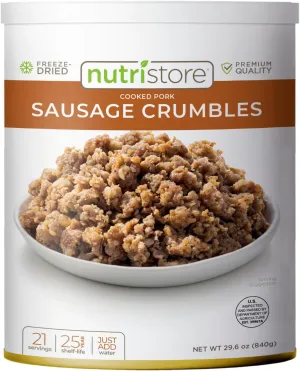 Nutristore Freeze Dried Sausage | Pre-Cooked Ground Pork Meat for Backpacking, Camping, Meal Prep | Long Term Survival Emergency Food Supply | 25 Year Shelf Life | Bulk #10 Can | 34.9 oz