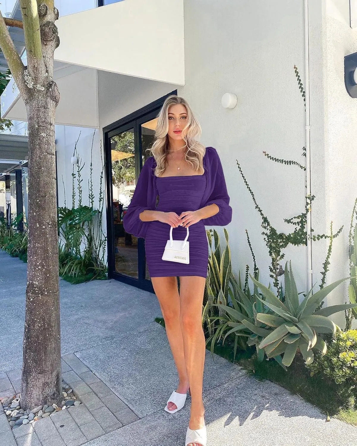 Ofenbuy Women's Mesh Long Sleeve Dress Square Neck Ruched Mini Bodycon Dress Stretch Party Cocktail Dresses