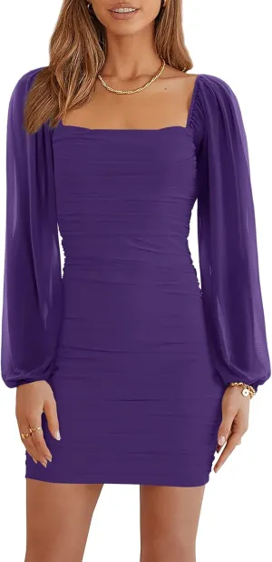 Ofenbuy Women's Mesh Long Sleeve Dress Square Neck Ruched Mini Bodycon Dress Stretch Party Cocktail Dresses