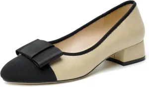 olomisa Women's Pumps, Round Closed Toe Dressy Shoes, Bow Chunky Heel Patent Leather Slip On Pumps