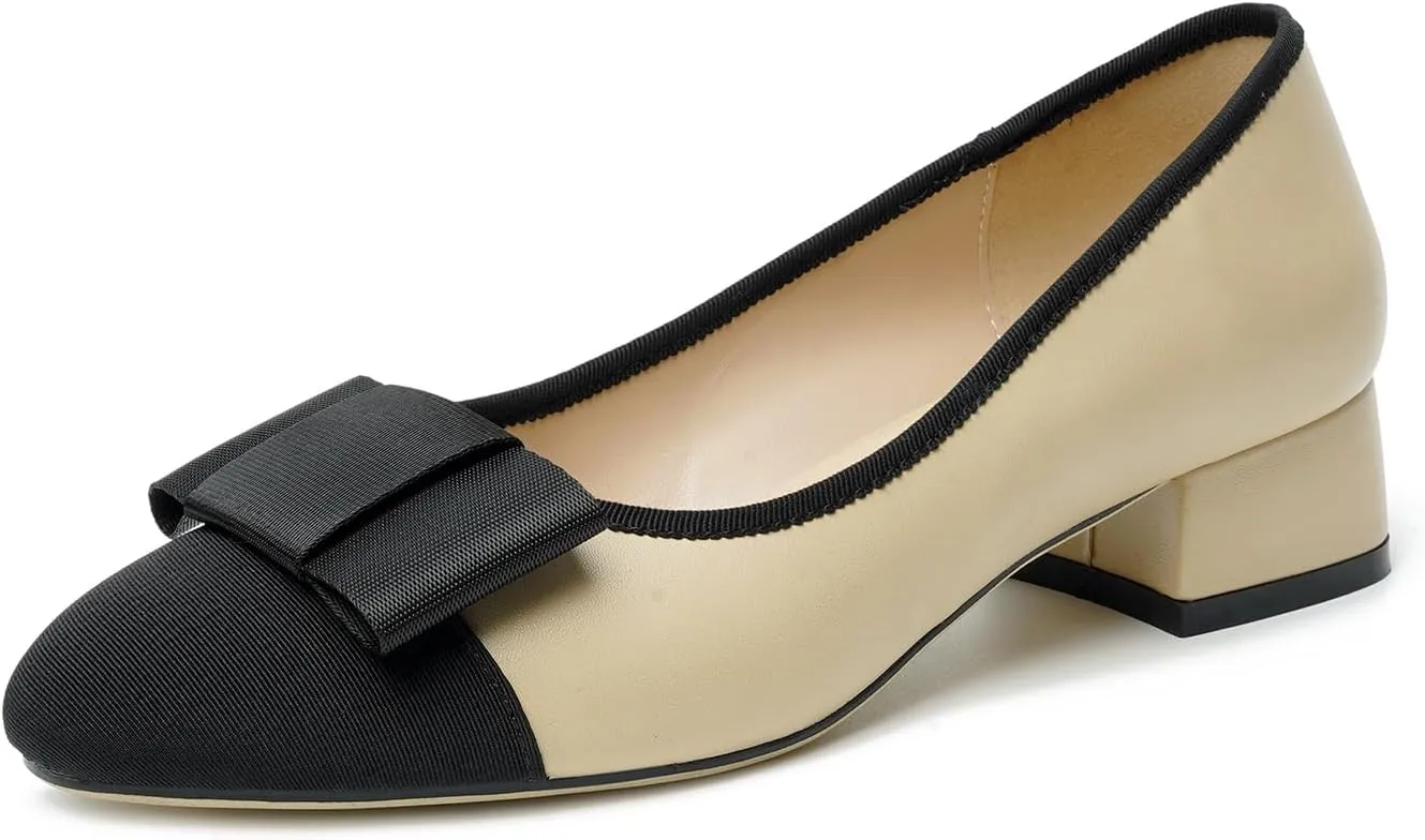 olomisa Women's Pumps, Round Closed Toe Dressy Shoes, Bow Chunky Heel Patent Leather Slip On Pumps