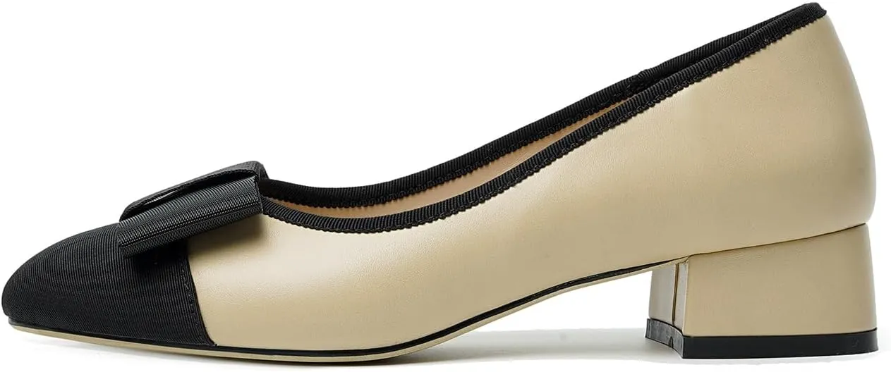 olomisa Women's Pumps, Round Closed Toe Dressy Shoes, Bow Chunky Heel Patent Leather Slip On Pumps