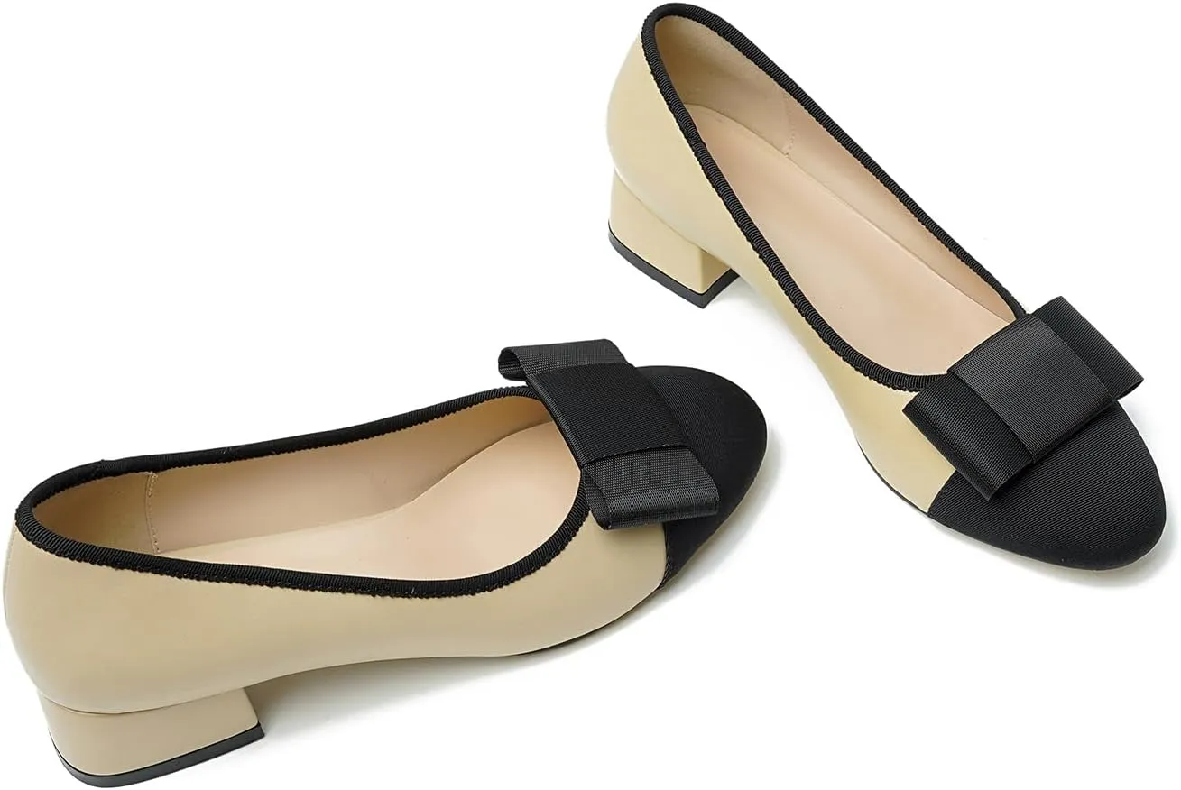 olomisa Women's Pumps, Round Closed Toe Dressy Shoes, Bow Chunky Heel Patent Leather Slip On Pumps