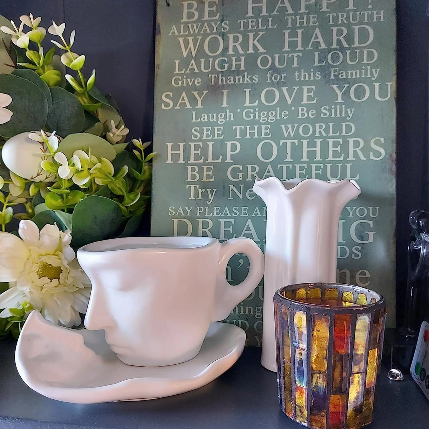 ONEUSTAR Coffee Cup and Saucer Set 8.5 oz Handmade Kissing Coffee Mug with Spoon for Valentine's Day, Wedding, Anniversary, Engagement Gift, White