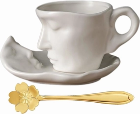 ONEUSTAR Coffee Cup and Saucer Set 8.5 oz Handmade Kissing Coffee Mug with Spoon for Valentine's Day, Wedding, Anniversary, Engagement Gift, White