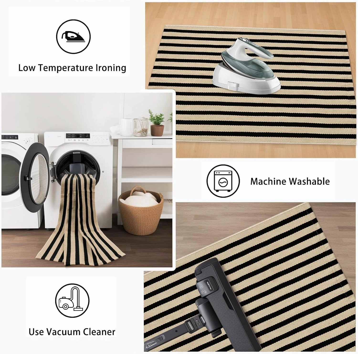 Outdoor Rug Front Door Mat 2'x4.3', Cotton Indoor Doormat Washable Black and Tan Striped Rug, Stain Resistant Reversible Layered Door Mats for Entryway/Farmhouse/Home Entrance