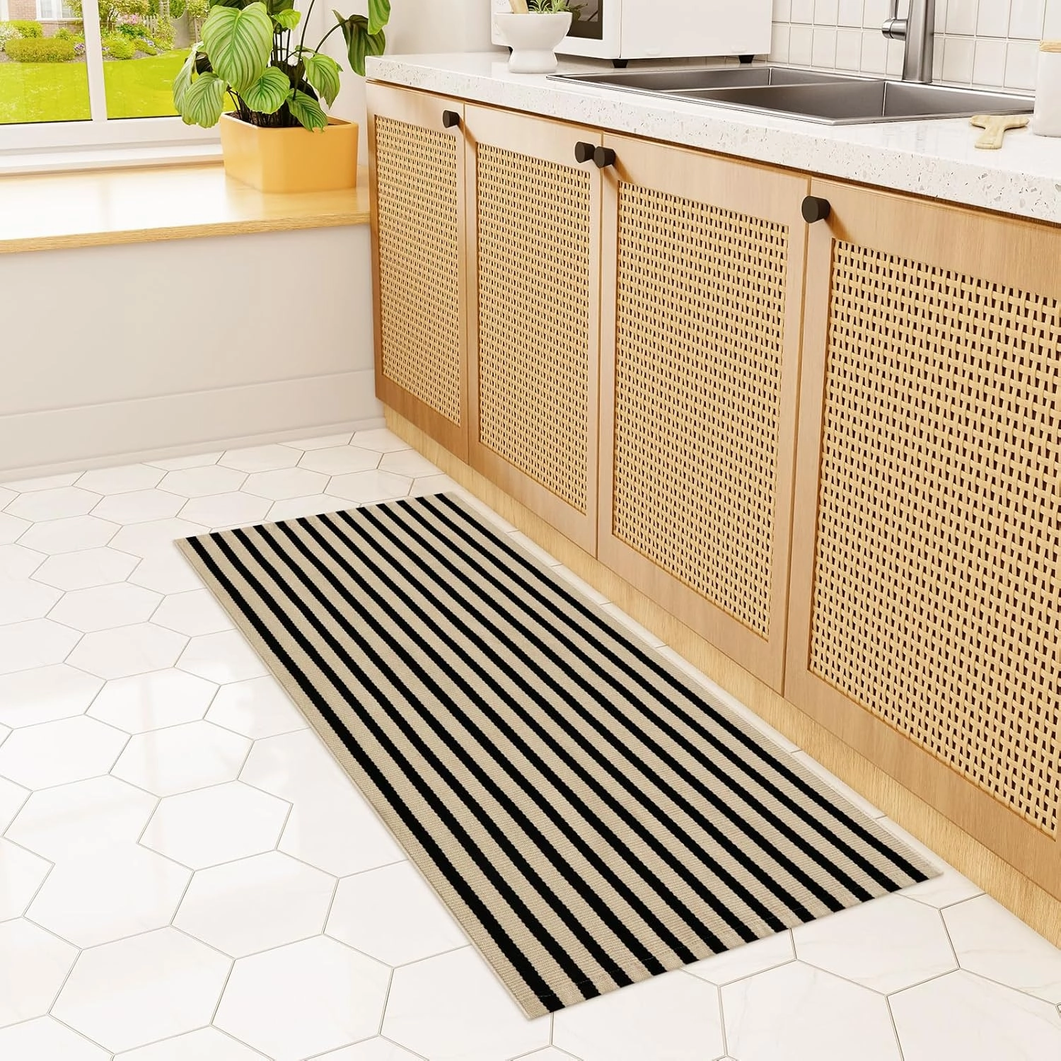 Outdoor Rug Front Door Mat 2'x4.3', Cotton Indoor Doormat Washable Black and Tan Striped Rug, Stain Resistant Reversible Layered Door Mats for Entryway/Farmhouse/Home Entrance