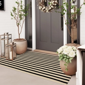 Outdoor Rug Front Door Mat 2'x4.3', Cotton Indoor Doormat Washable Black and Tan Striped Rug, Stain Resistant Reversible Layered Door Mats for Entryway/Farmhouse/Home Entrance