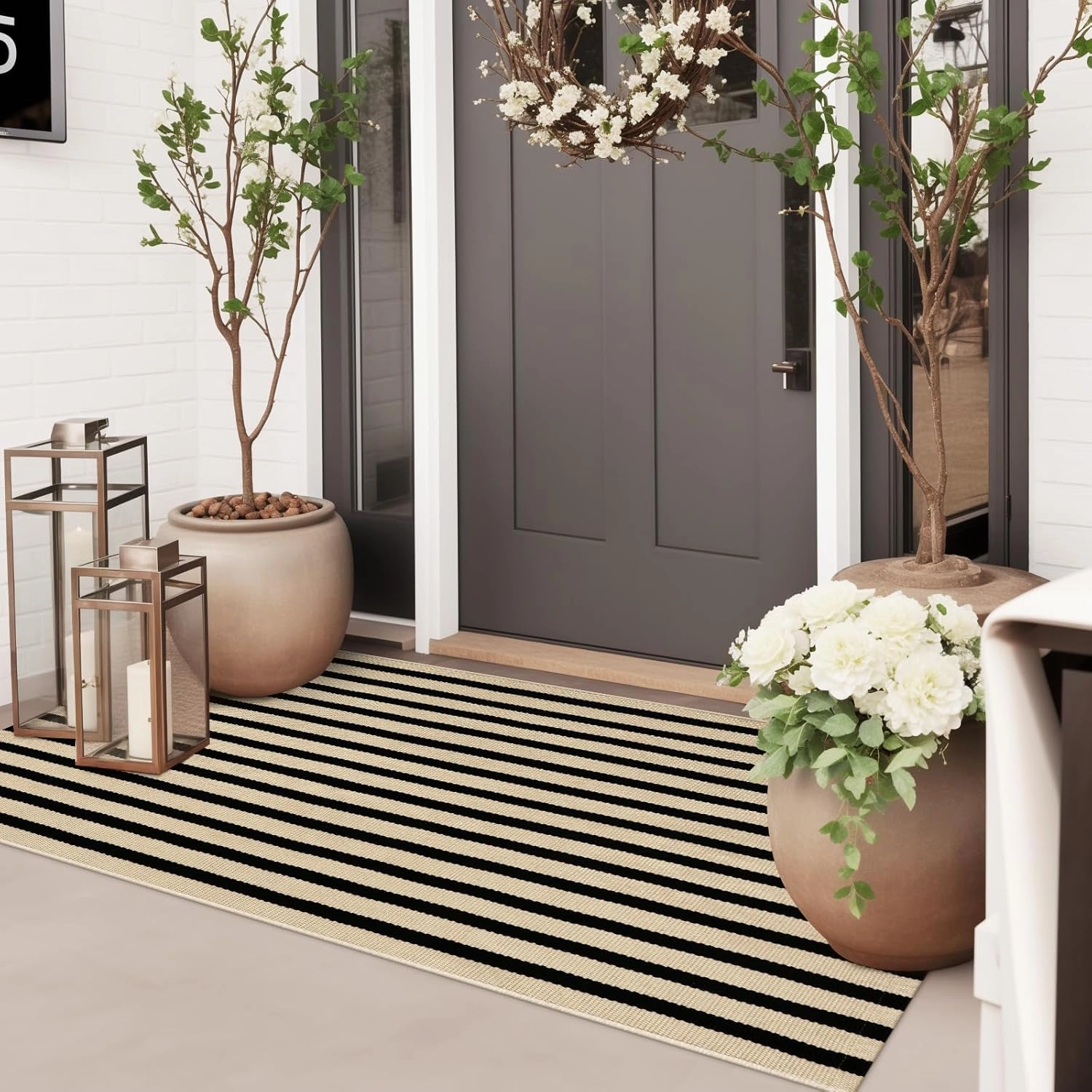 Outdoor Rug Front Door Mat 2'x4.3', Cotton Indoor Doormat Washable Black and Tan Striped Rug, Stain Resistant Reversible Layered Door Mats for Entryway/Farmhouse/Home Entrance