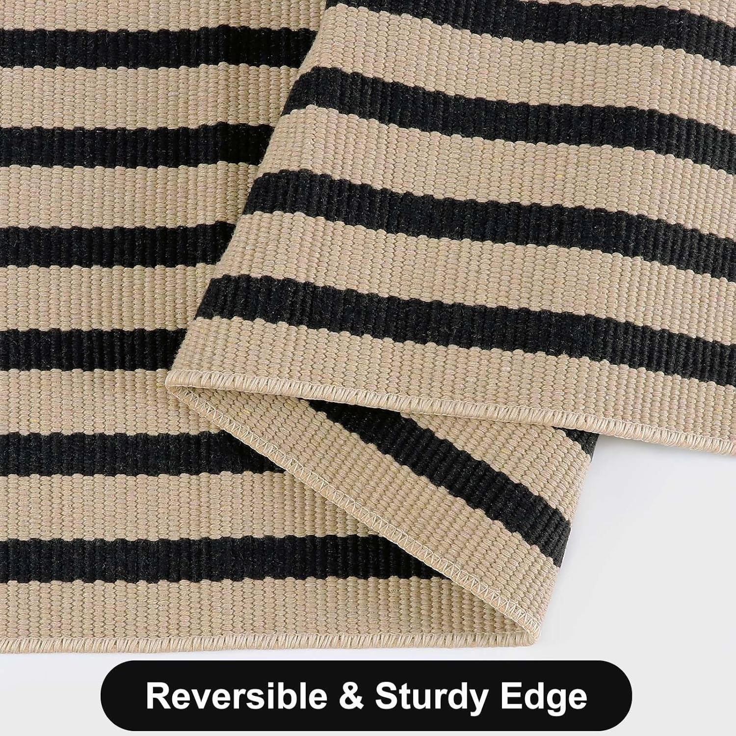 Outdoor Rug Front Door Mat 2'x4.3', Cotton Indoor Doormat Washable Black and Tan Striped Rug, Stain Resistant Reversible Layered Door Mats for Entryway/Farmhouse/Home Entrance