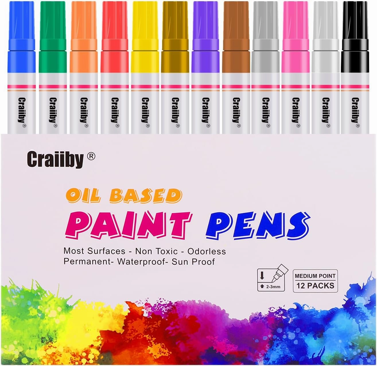 Paint Markers, 12 Pack Oil-Based Waterproof Quick Dry Permanent Paint Pen Set for Rocks Painting, Wood, Fabric, Plastic, Canvas, Glass, Mugs, Metal, Tire, Stone, DIY Craft