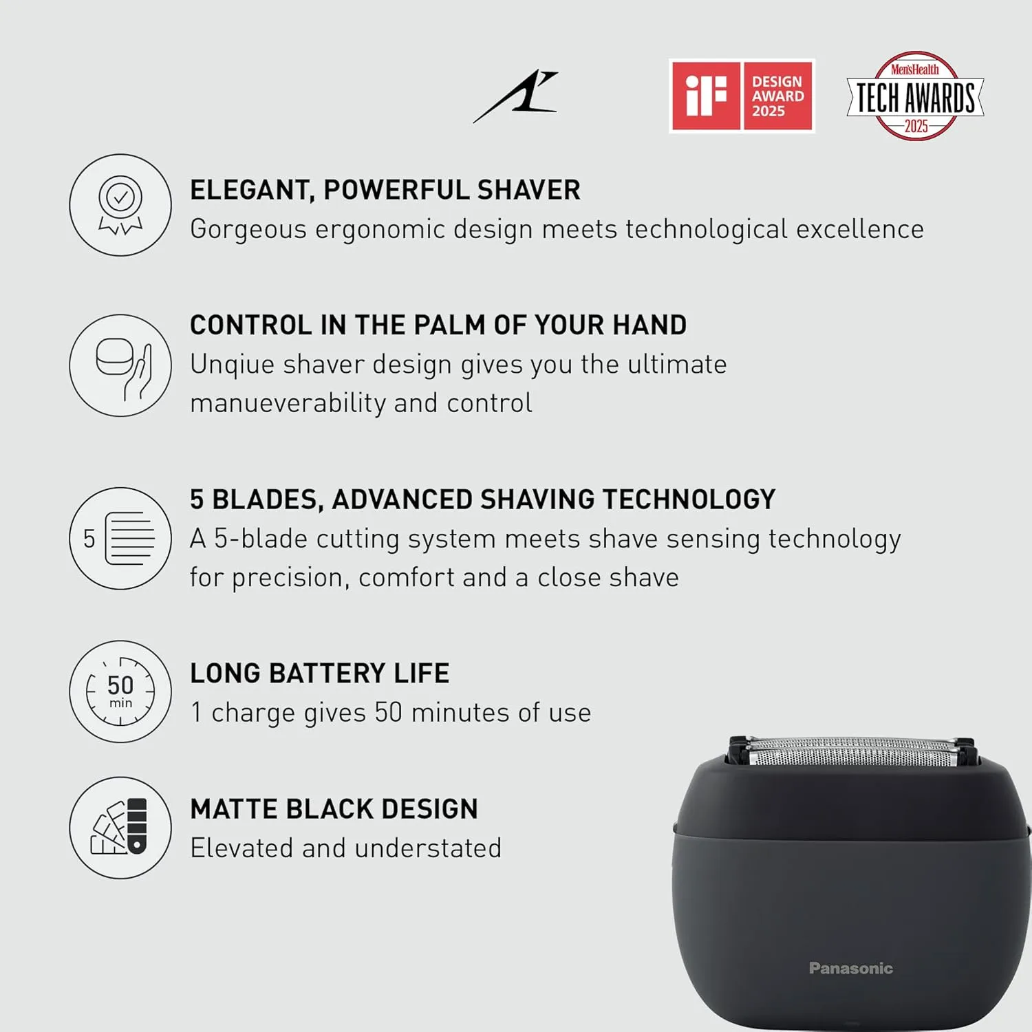 Panasonic ARC5 Palm-Sized Razor, Handheld Luxury Compact Travel Shaver with 5-Blade Cutting System and USB-C Charging, Wet/Dry - ES-PV3A-K