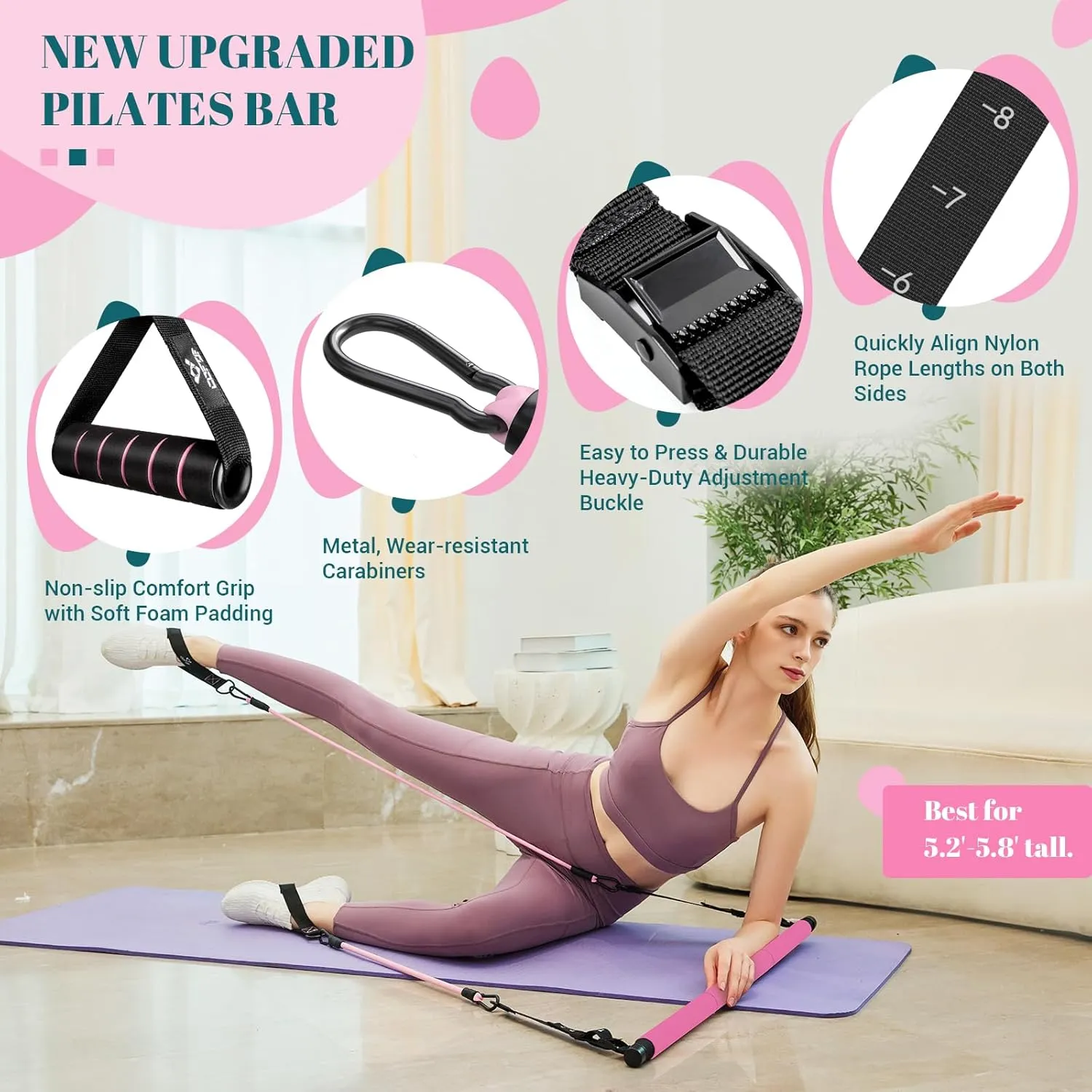 Pilates Bar Kit with Resistance Bands, Multifunctional Yoga Pilates Bar with Heavy-Duty Metal Adjustment Buckle, Portable Home Gym Pilates Resistance Bar Kit for Women Full Body Workouts
